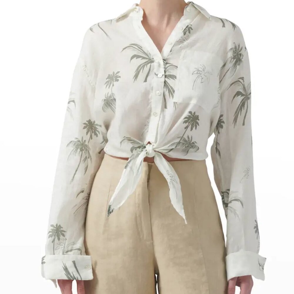 NWOT ATM Anthony Thomas Melillo Palm Print Linen Tie-Front Shirt